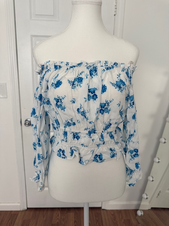 Zara Tops - Off Shoulder Floral Blouse White Blue Ruffle Top Long Sleeve Size L